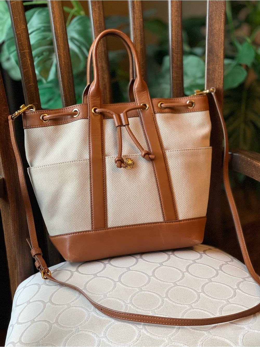 Veronica Beard Cream Canvas and Brown Goody Bag Leather Tote